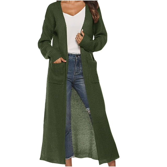 Women's Solid Color Cardigan Sweater with Slit Large Pockets Long Thin Coat