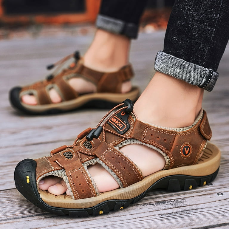 Men Sport Close Toe Sandals Summer PU Leather Shoes Flat Slippers for Beach  Fisherman New