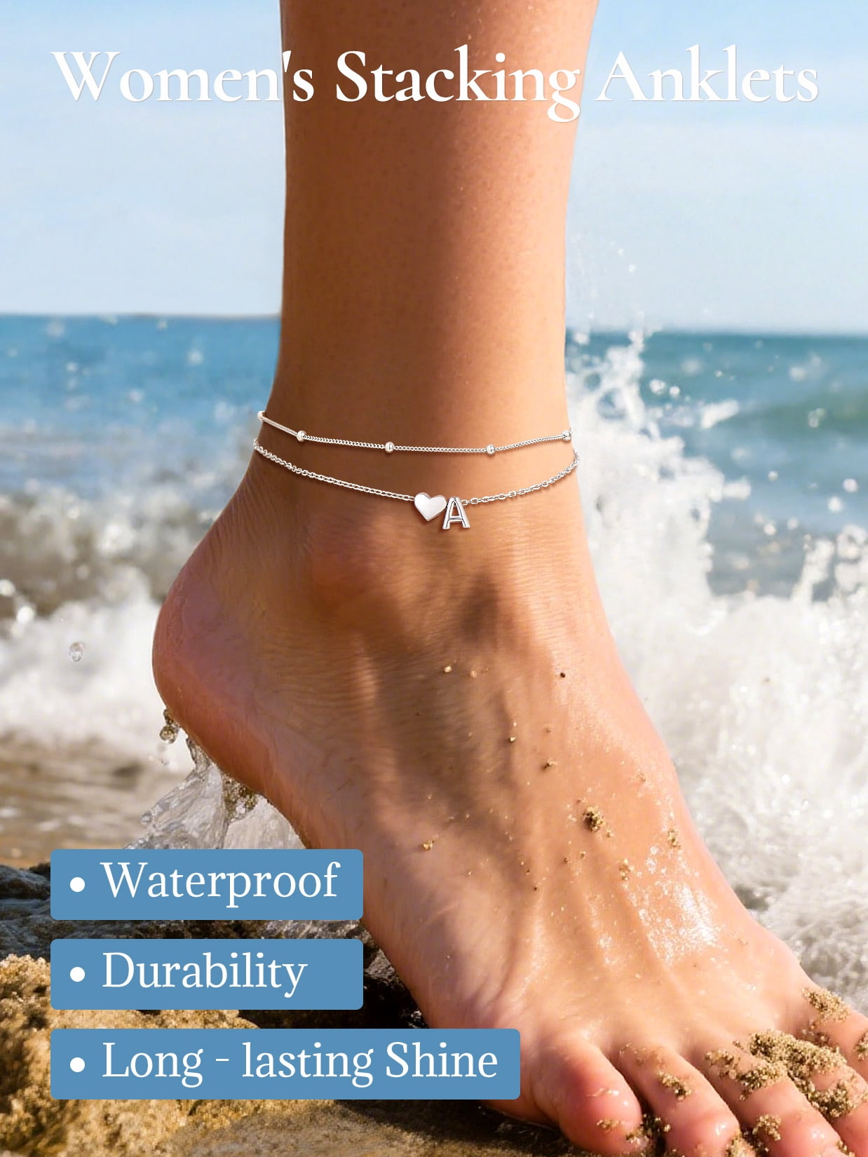 U7 Sterling Silver Anklets for Women Letter A Layered Heart Initials Ankle Bracelets Waterproof Summer Beach Jewelry Birthday Personalized Gifts for Mom Wife