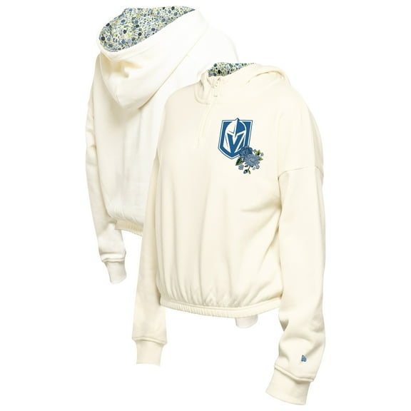 Women's New Era Cream Vegas Golden Knights Glam Game Quarter-Zip Cropped Floral Hoodie Pullover