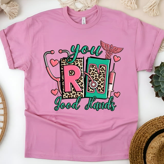 RN Nurse T-Shirt | You’re in Good Hands Graphic Tee with Leopard Print Letters, Azalea, Size L