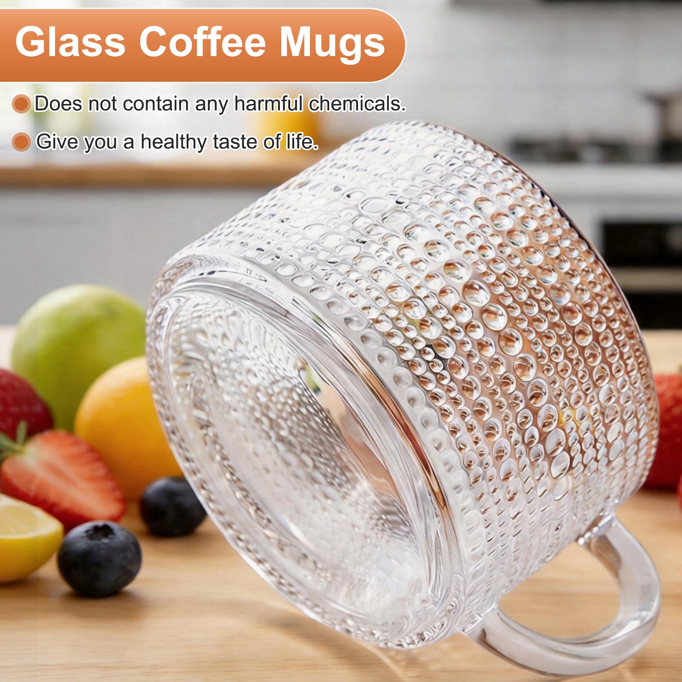 4 Pack Glass Coffee Mugs, 14oz Oatmeal Yogurt Cup with Bamboo Lids and Spoons, Clear Embossed Vintage Glass Cups for Cappuccino, Latte, Cereal, Yogurt