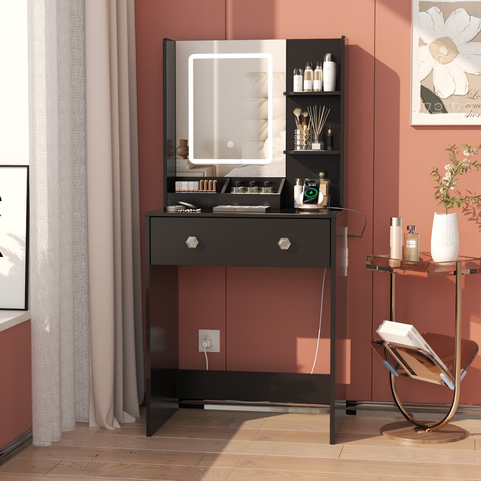Tydimor Vanity Desk with Mirror & Lights, GRWM Vanity with Drawers & Storage Shelves, Makeup Dressing Table with Charging, Black
