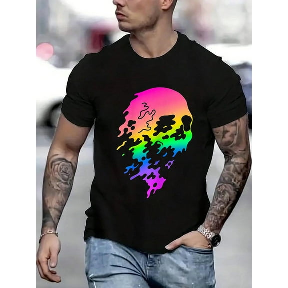 100 Cotton Graphic Tees Melting Skull Fun Design T-Shirt Crew Neck Short Sleeve T-Shirt, Casual Print Graphic Cotton Tees Men Tops