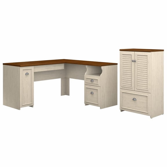 Fairview L Desk with Storage File Cabinet in Antique White - Engineered Wood