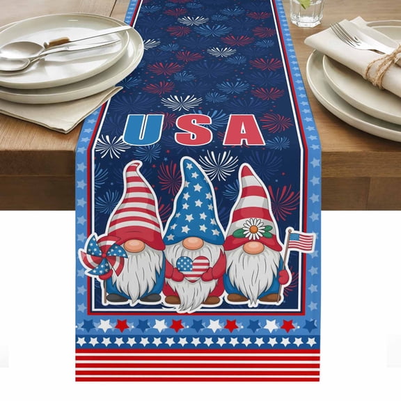 Independence Day Table Runner - 120 Inch Long, Kitchen Dining Table Runner Dresser Scarves, Patriotic Gnomes USA Flag Firework Farmhouse Decor for Coffee Tables Wedding Party Banquet