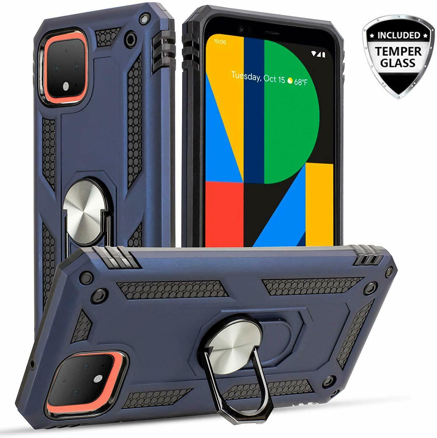 for Google Pixel 4 Full Coverage HD Glass and Metal Titanium Ring Case Phone Magnet Mount Ready Slip Guard Grids Pattern Kick stand Hybrid Slim Shock