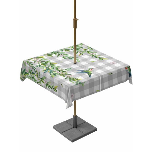 Outdoor Tablecloth with Umbrella Hole for Patio/Picnic/Party/Camping, Spring Plants Waterproof Table Cloth Square Cover Washable, Watercolor Leaves Birds Flowers Gray Plaid (54"x 54")