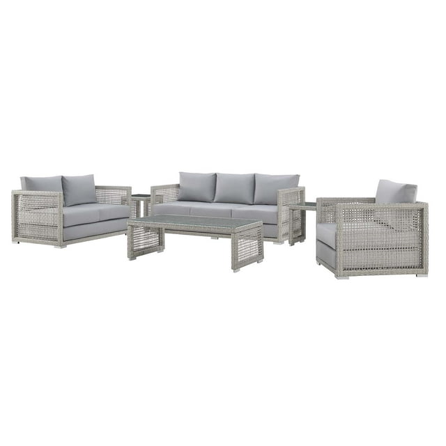 Modern Contemporary Urban Design Outdoor Patio Balcony Garden Furniture Lounge Chair, Sofa and Table Set, Rattan Wicker, Grey Gray