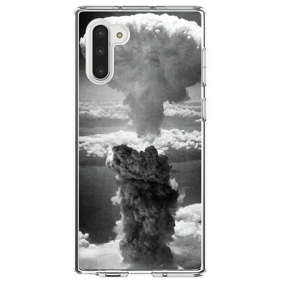 DistinctInk Clear Shockproof Hybrid Case for Samsung Galaxy Note 10 (6.3" Screen) - TPU Bumper, Acrylic Back, Tempered Glass Screen Protector - Nuclear Mushroom Cloud