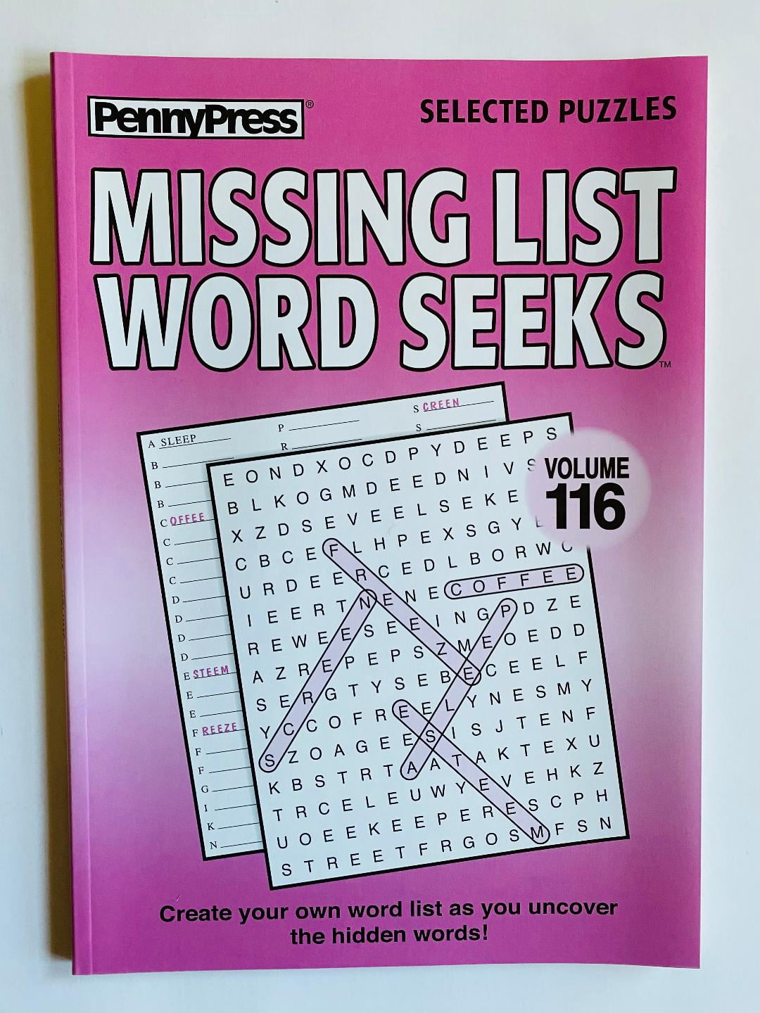 Volumes 116 and 117 of the Missing List Word Search Seek Puzzles from the Penny Press Selected Puzzle Series