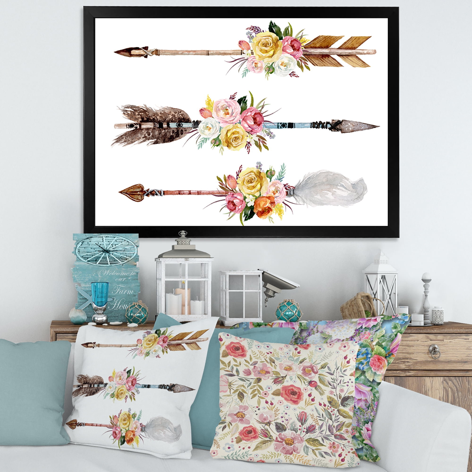 Designart 'Flowers and Ethnic Feathers On Native Arrows II' Bohemian & Eclectic Framed Art Print