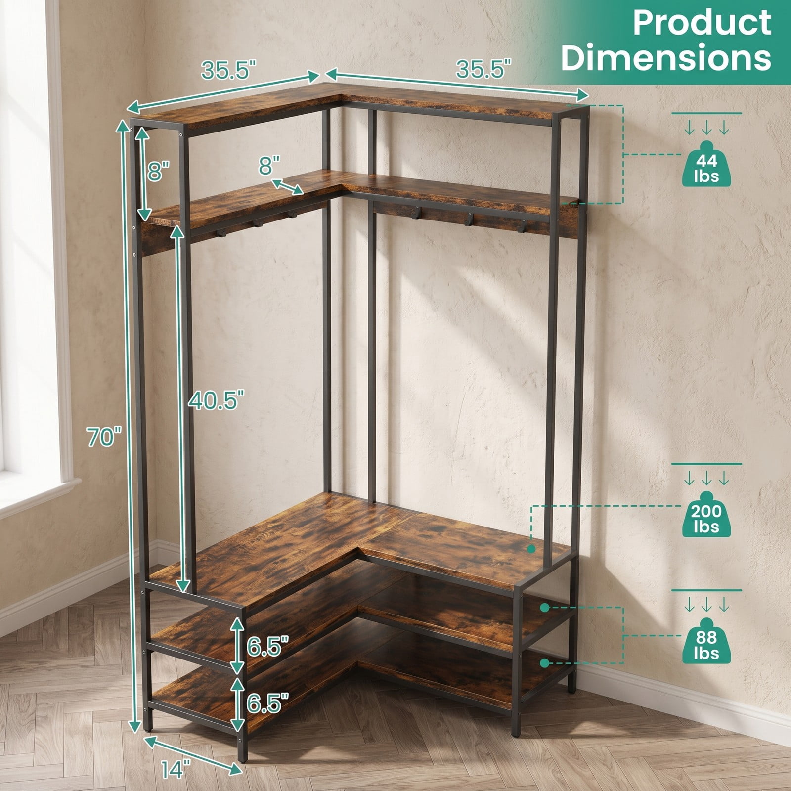 Furnibear L-Shaped Corner Garment Rack with Open Shelves 7 Hooks and Shoe Bench for Bedroom and Entryway Storage, Rustic Brown