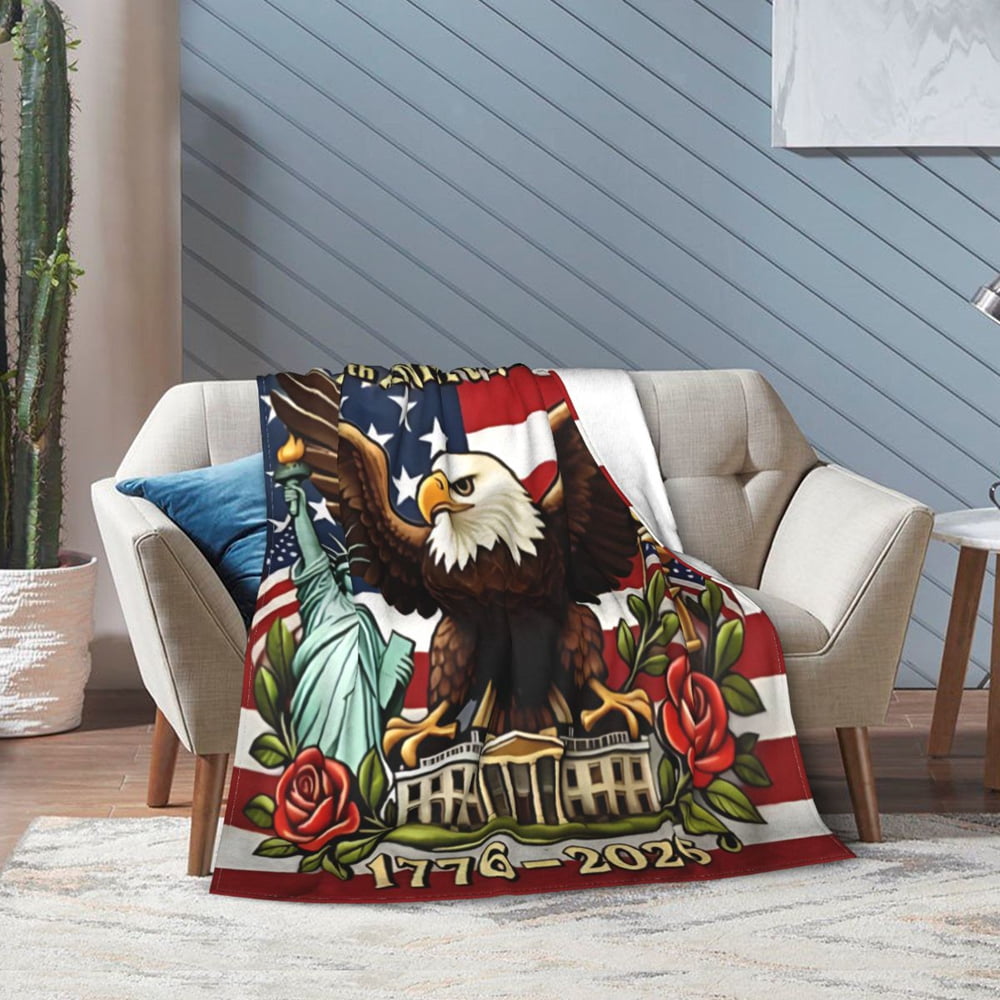 1776-2026 Patriotic Flannel Throw Blanket, America 250th Anniversary Eagle & Landmark Print for Gifting