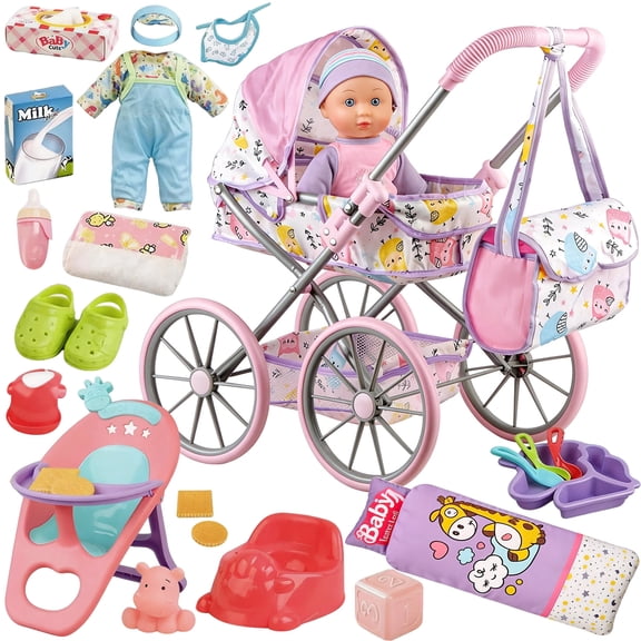 Aijohnny Baby Doll Stroller Toys Set with 12" Baby Doll, Quilt Pillow, Doll Accessories and 2 Sets Clothes, Baby Doll Toys for Kids 3-8 Gifts