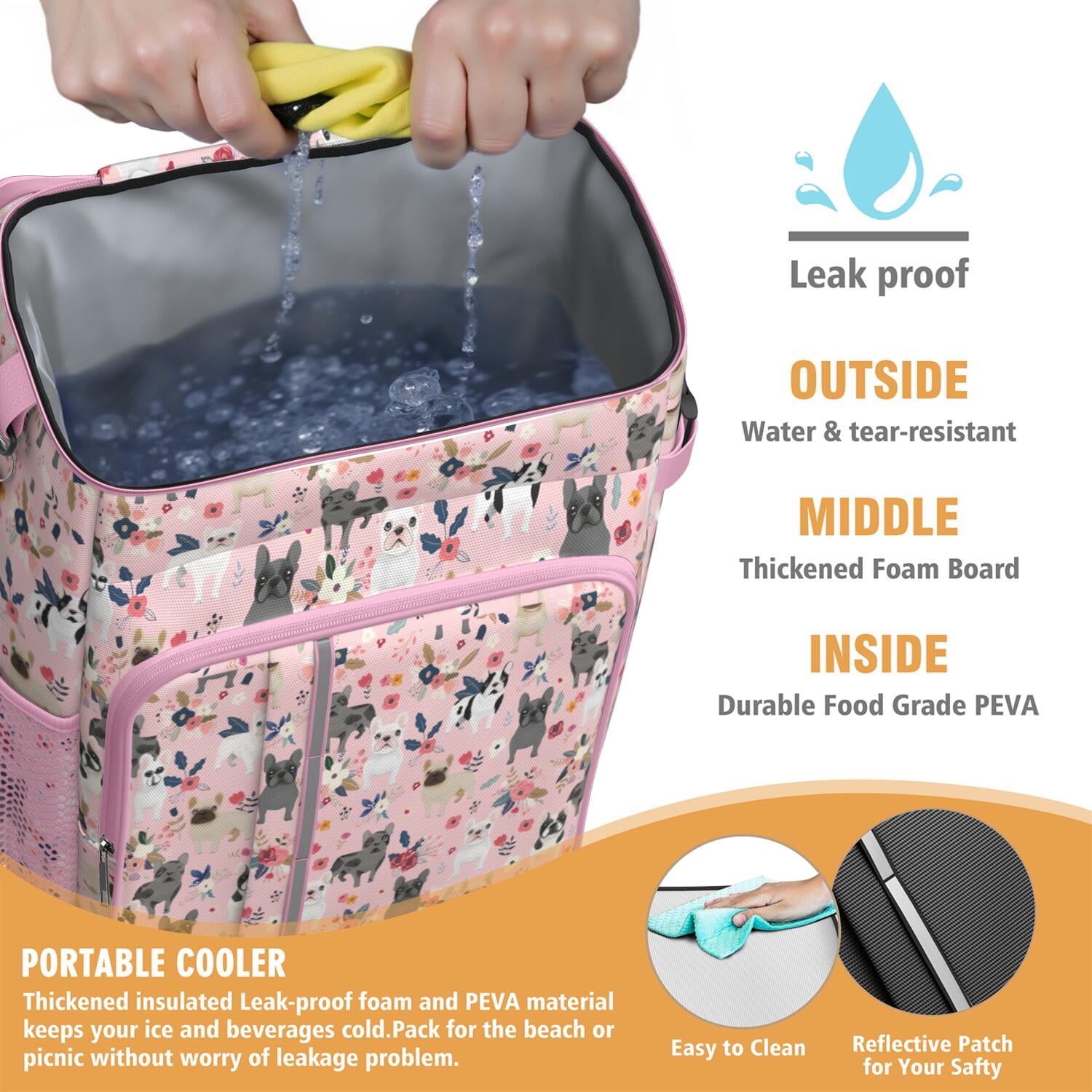 Travel Cooler Bag - French Bulldog Dog Pattern with Flowers Camping Beer Cooler Backpack with Bottle Opener- Waterproof Insulated Picnic Backpacks - Cooler Bag for Beach
