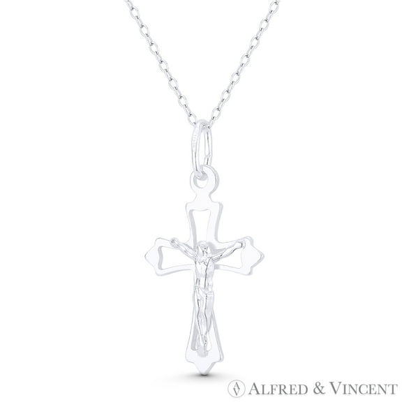 Jesus Christ on Stylized Christian Catholic Latin Crucifix Cross Pendant & Chain Necklace in .925 Sterling Silver
