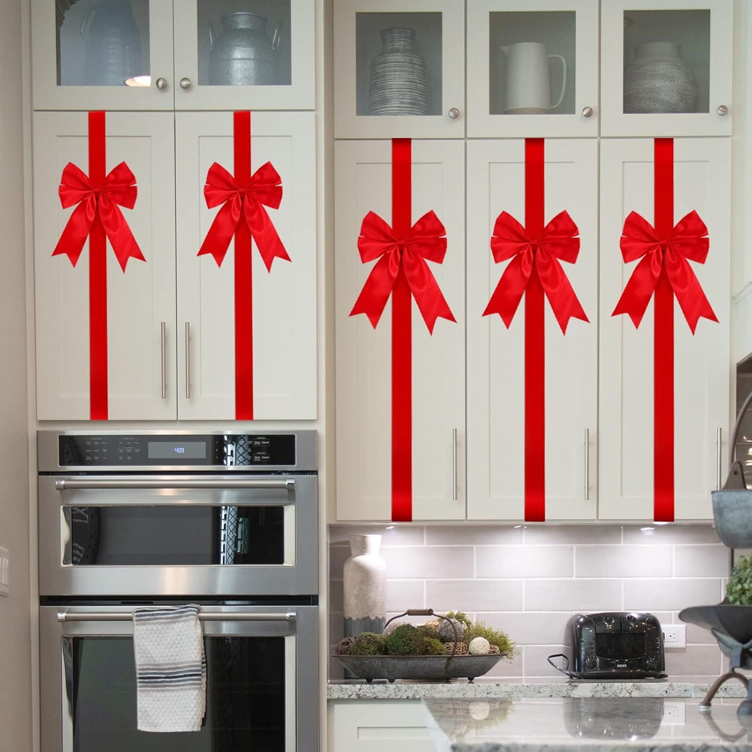 18Pcs Christmas Cabinet Door Ribbons Bows 8 x 40 Inches Large Christmas Wreath Tree Bow for Gift Xmas Cabinets Furniture Kitchen Wrapping Party Decorations (Red)