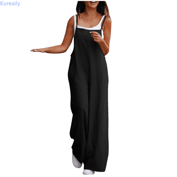 Kureaily Womens Casual Jumpsuit Comfortable Shoulder Strap Loose Jumpsuit Pocket Summer Jumpsuit Beach Lounge Jumpsuit