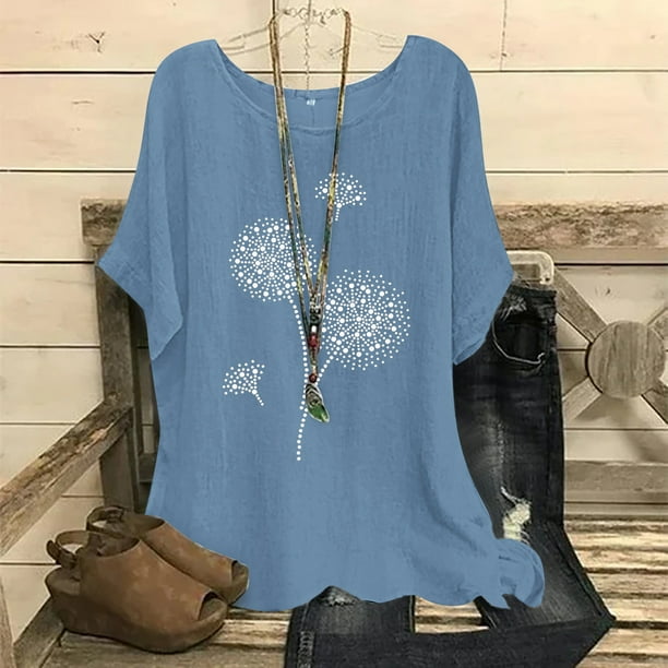 Fiudx Camisas para Mujer Blusas Informales con Estampado de Manga Corta y Cuello Redondo de Verano para Mujer a La Moda
