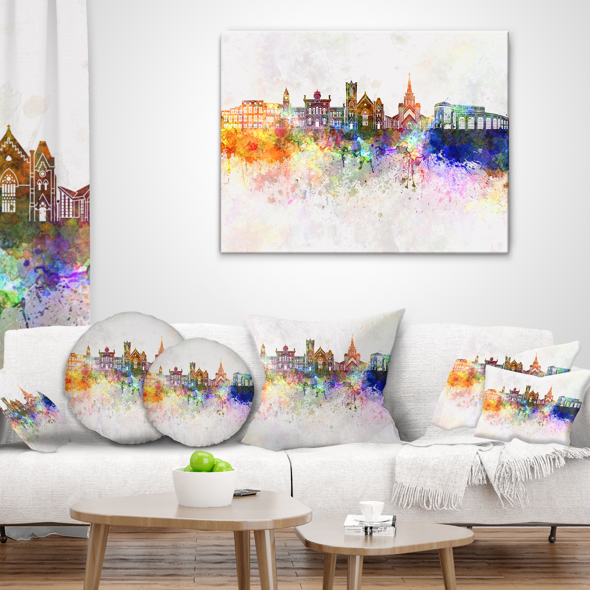 Designart Colorful Brampton Skyline - Cityscape Painting Throw Pillow - 18x18