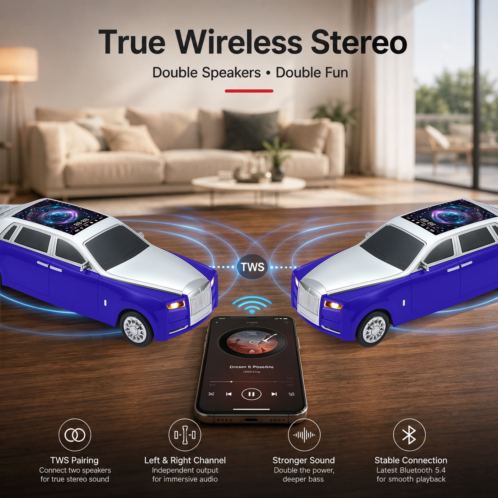 WSTER WS-610 Car Shaped Bluetooth Speaker, 15W Heavy Bass Portable Wireless Speaker with LED Lights, TWS, FM Radio, TF/USB, Bluetooth 5.4 for computer/Desktop ornaments/outdoor/party/Gift