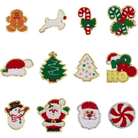 12 Styles Christmas Chenille Cloth Patches Santa Claus Iron on Cloth Patches Christmas Tree Embroidery Sew on Appliques Candy Cane Clothing Repair Patch for Cloth Dress Hat Jeans DIY colorful