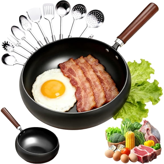 Cast Iron Wok Pan, Uncoated, Hand-Forged, Non-Stick, with Lid and Spatula, for All Cooktops