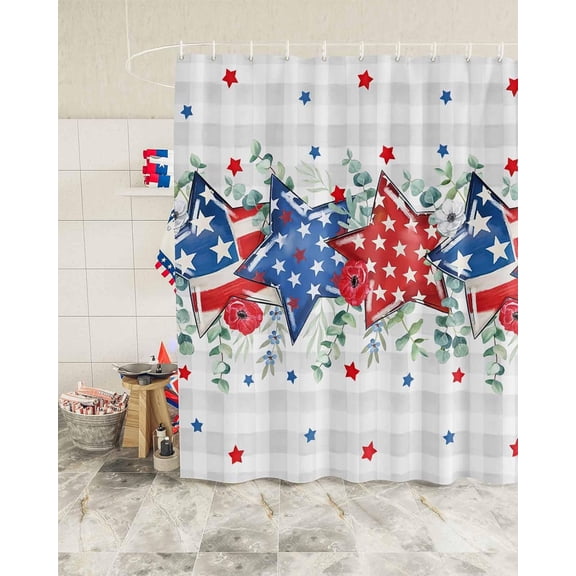 Independence Day 4th of July Shower Curtain, Star with Eucalyptus Leaves Shower Curtain Set with Hooks, Summer Waterproof Fabric Shower Curtains for Bathroom Decor, 72x72 Inch Bath Curtain