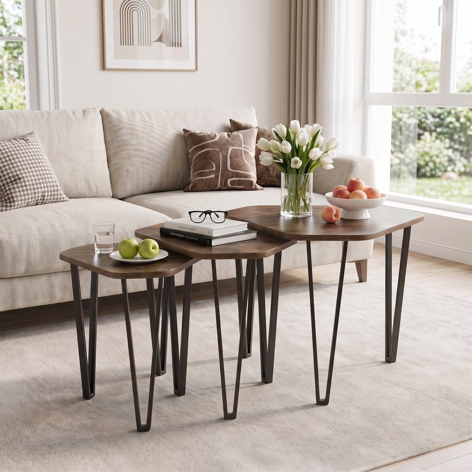Furnibear Set of 3 Nesting Coffee Tables with Engineered Wood Top and Metal Frame for Living Room Bedroom and Guest Room, Rustic Brown