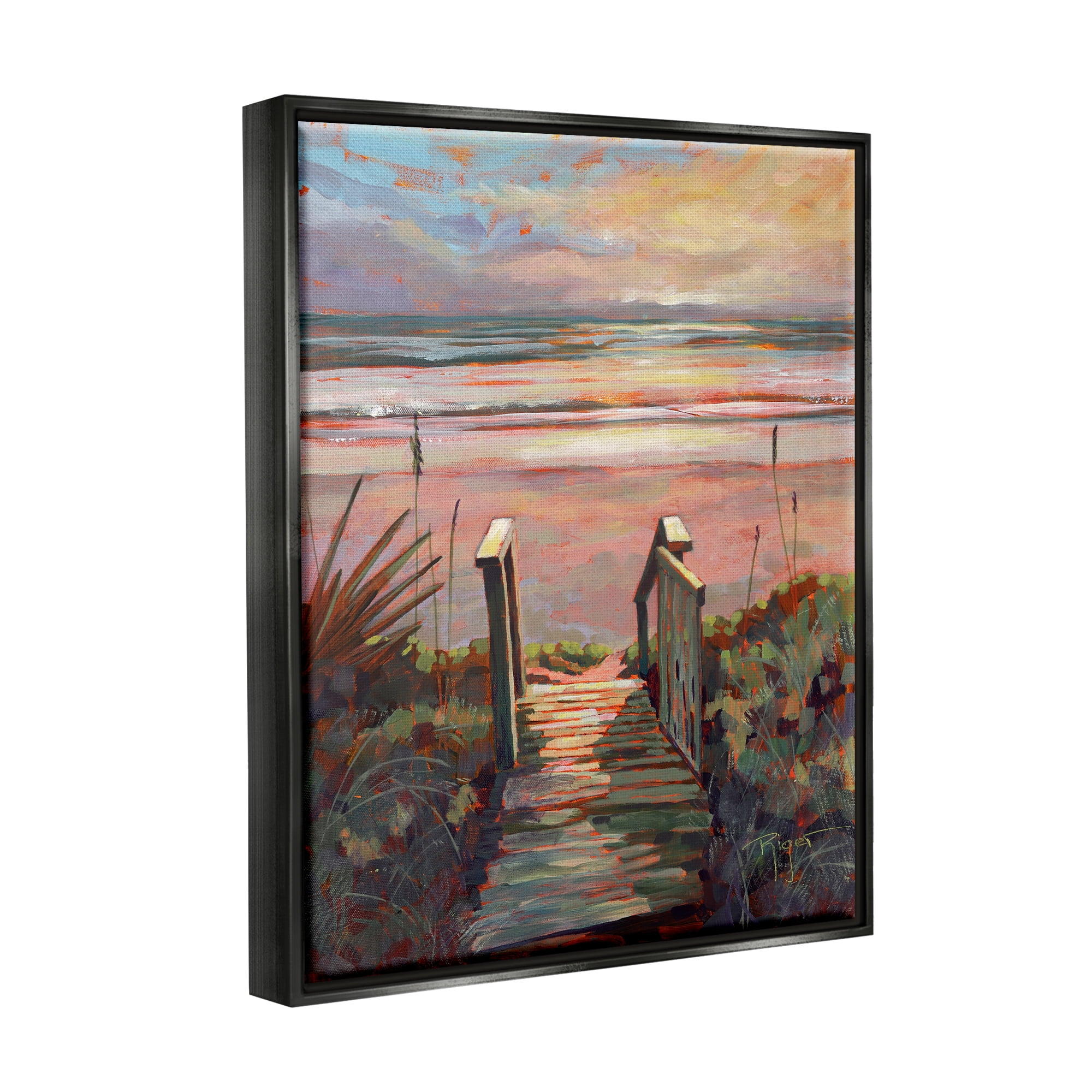 Stupell Industries Beach Shore Sunset Boardwalk Path Coastal Painting Black Floater Framed Art Print Wall Art