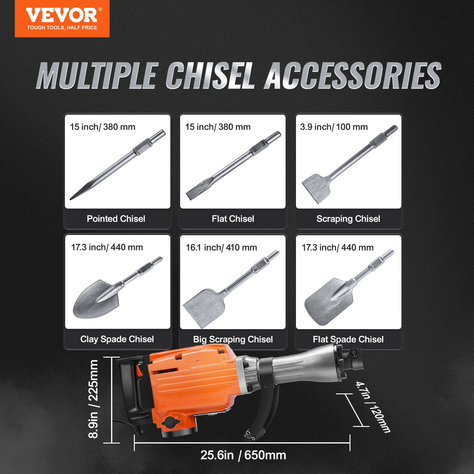 2200W Demolition Jack Hammer, 66J Impact Electric Concrete Breaker with 6 Chisel Bits & Carrying Case, 360° Rotating Handle for Professional Demolition Work