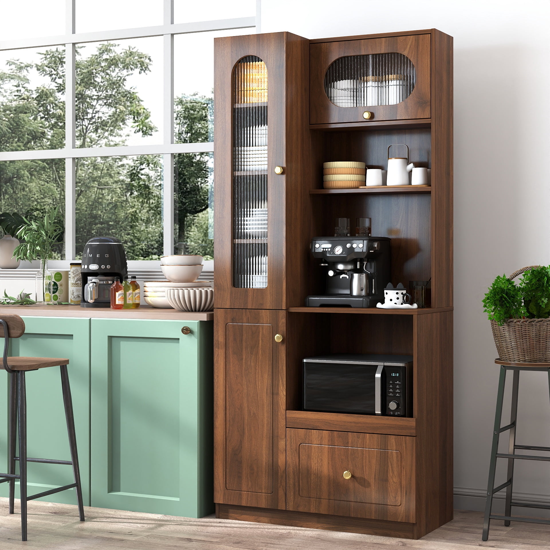 Mintazer 70.87" Farmhouse Pantry Cabinet with Pull-out Microwave Shelf, Kitchen Hutch Cupboard with 3 Doors,8 Shelves & 1 Drawer for Kitchen, Dining Room, Walnut
