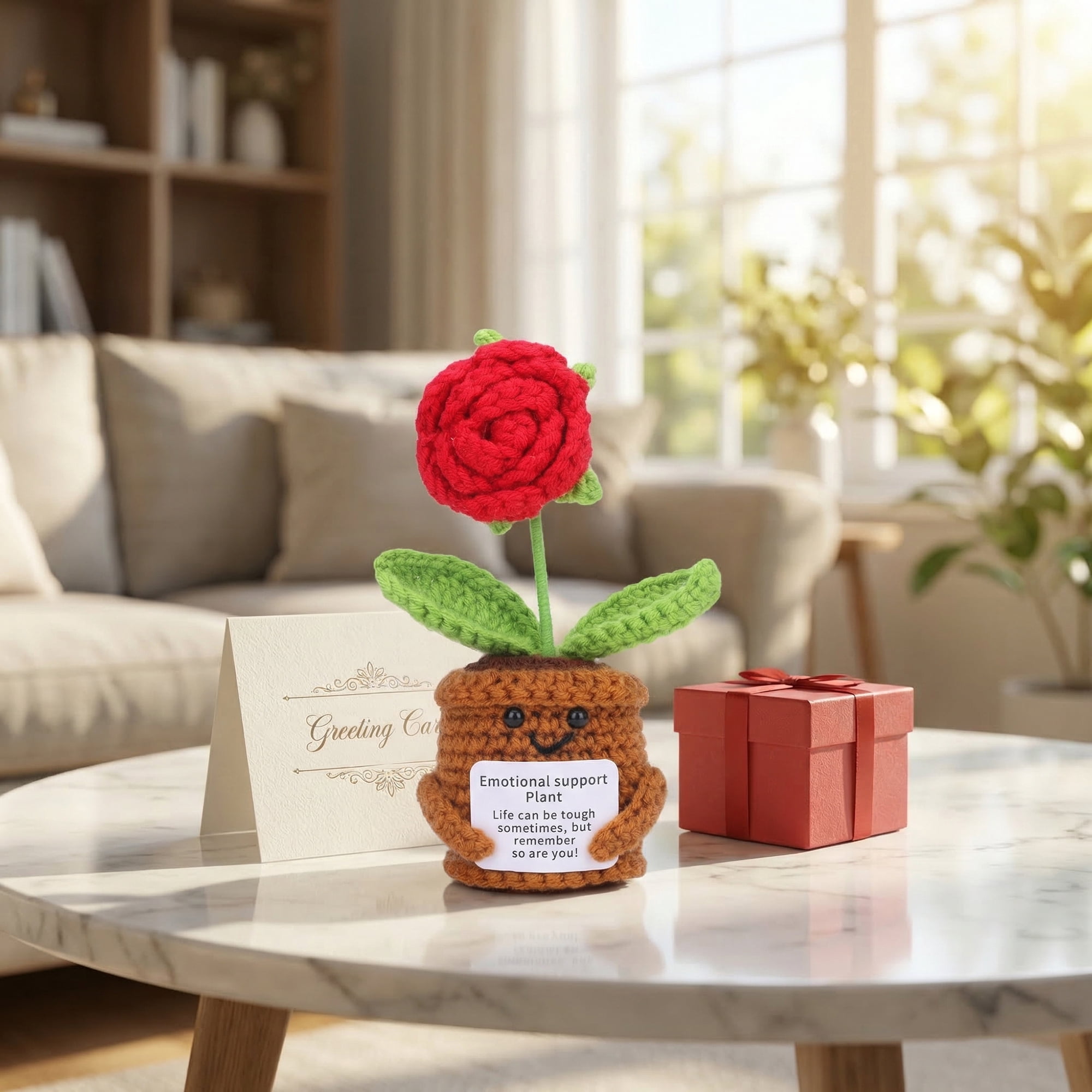 Unique Bargains Handmade Crochet Potted Knitted Plant Rose 4.3inch