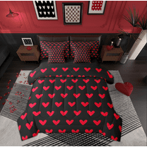 Manfei Kawaii Loves Pattern 7-Piece Twin Bedding Sets,Cute Heart Print Bedding Comforter Set,Red Black Sheet Sets For Princess,Ultra Soft Home Decor Reversible