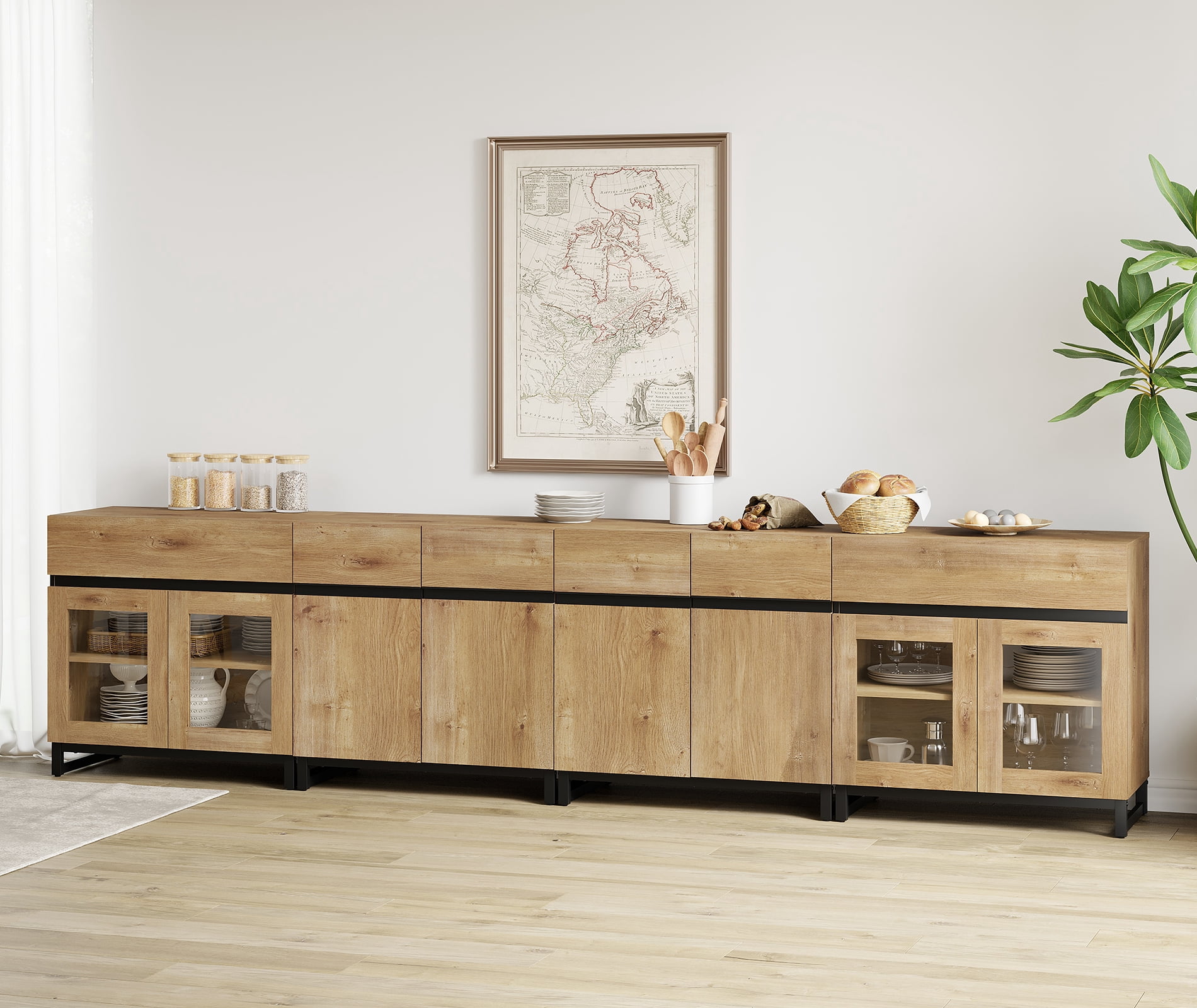 4 In 1 Sideboard Buffet Cabinets With Glass Doors And 2 Drawers, Modern Sideboard Credenza With Adjustable Shelf And Metal Base, Coffee Bar Cabinet Storage Cabinet,Oak