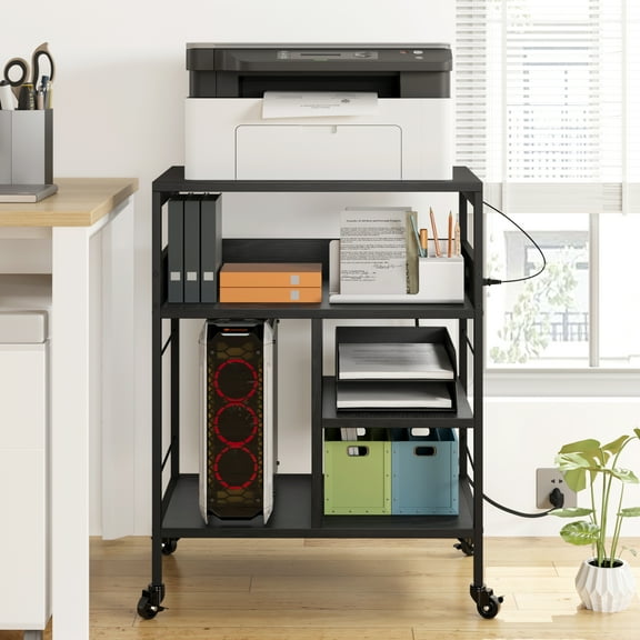 Printer Stand with Storage Shelf, Printer Cart Large Printer Table with Power Outlets and USB Charging Ports, 4 Tier Mobile Home Printer Stand with Wheels Printer Tables for Small Spaces