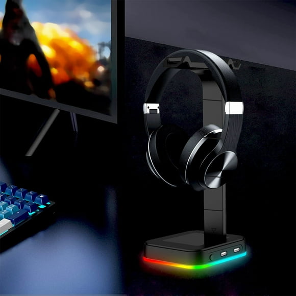 Dvkptbk RGB Gaming Headphones Stand, Headset Stand with 2 USB Charging Ports, Desk Gaming Headset Holder with Rubber Base Headphone Holder Game Accessories on Clearance