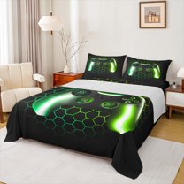 Manfei Game Bed Sheets,Kids Gamepad Controller King Sheets,Green Geometric Hexagon Sheet Set For Boy,Microfiber Room Decor,4pcs