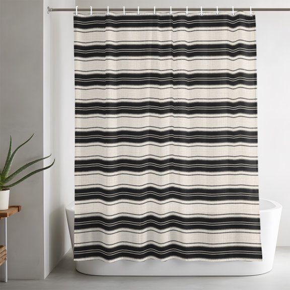 Shower Curtains for Bathroom-36"x72",Beige Black Stripes Waterproof Bath Curtain Grommet Shower Curtain Set with Hooks,