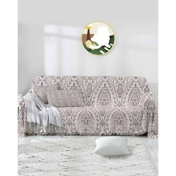 Boho Tribal Flower Sofa Covers for 3 Cushion,Washable Couch Cover for Sectional Sofa Slipcover with Tassel,Retro Paisley Modern Abstract Purple Floral Loveseat Covers Futon Cover Throw Blanket 71x118