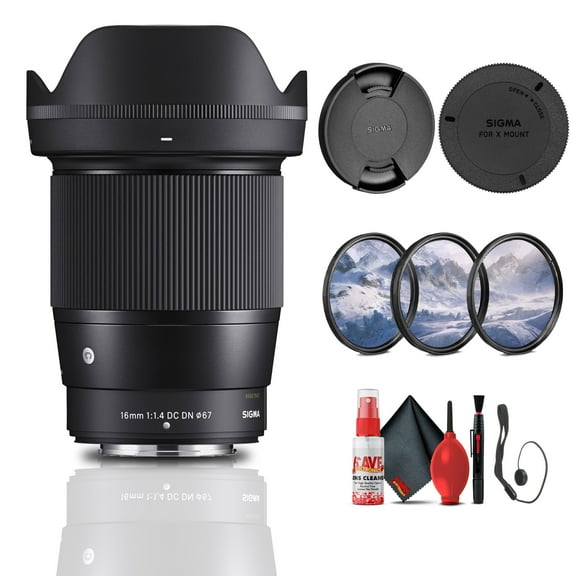 Sigma 16mm F/1.4 DC DN Contemporary Lens for FujiFilm X (402957) Bundle: Lens Hood, 3-Piece Filter Kit, Front and Rear Lens Caps, Full Cleaning Kit, Lens Cap Keeper