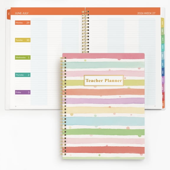 SUNEE Teacher Planner 2026-2027 Academic Year, 7 Periods Lesson Plan Book Jul 2026 - Jun 2027, 8.5"x12"Daily Weekly Monthly Organizers Horizontal Layout , Bookmark, Tabs, Rainbow Stripes