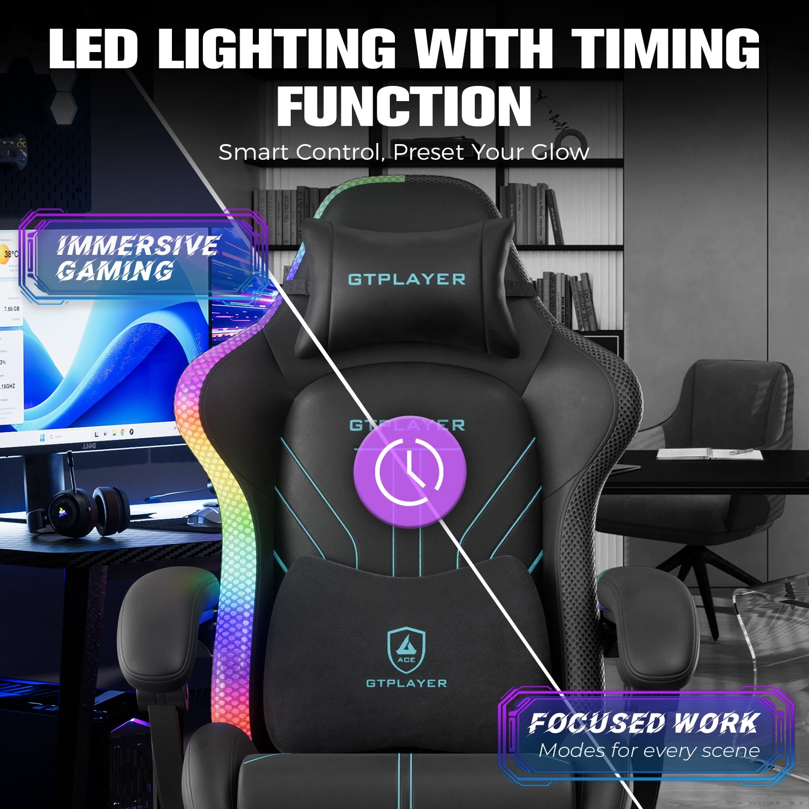 GTPLAYER RGB Gaming Chair with Timed LED Lights, 400LBS Capacity Gaming Office Chair with Reclining Backrest & Retractable Footrest for Gaming & Office, Blue