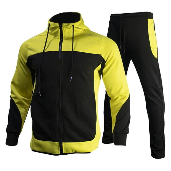 adviicd Mens Athletic Sweat Suits Men's Sweatsuit 2 Pieces Set Casual Jogging Athletic Hooded Tracksuit Full Zip Color Blocks Long Sleeve Outfit (Yellow,M)