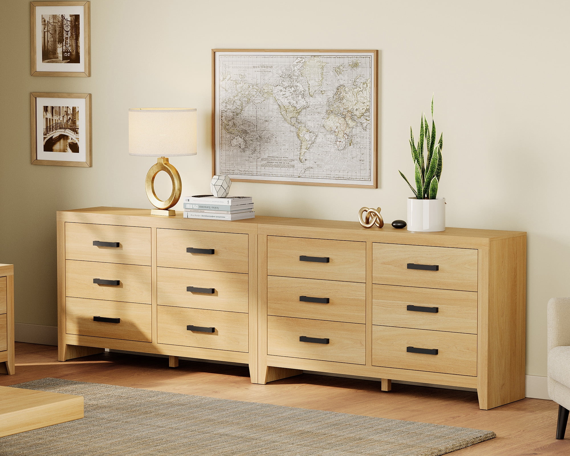 WAMPAT Farmhouse Wooden Sideboard with 12 Drawers, 106 Inch Wide Rustic Storage Sideboard Cabinet, Multi-Functional Buffet Cabinet for Living Room, Dinning Room, Oak