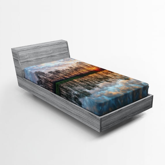 Landscape Fitted Sheet, Lake Sunset with the Mirroring Crystal Water and Horizon over Forest Boho, Soft Decorative Fabric Bedding, Twin Size, Multicolor, by Ambesonne
