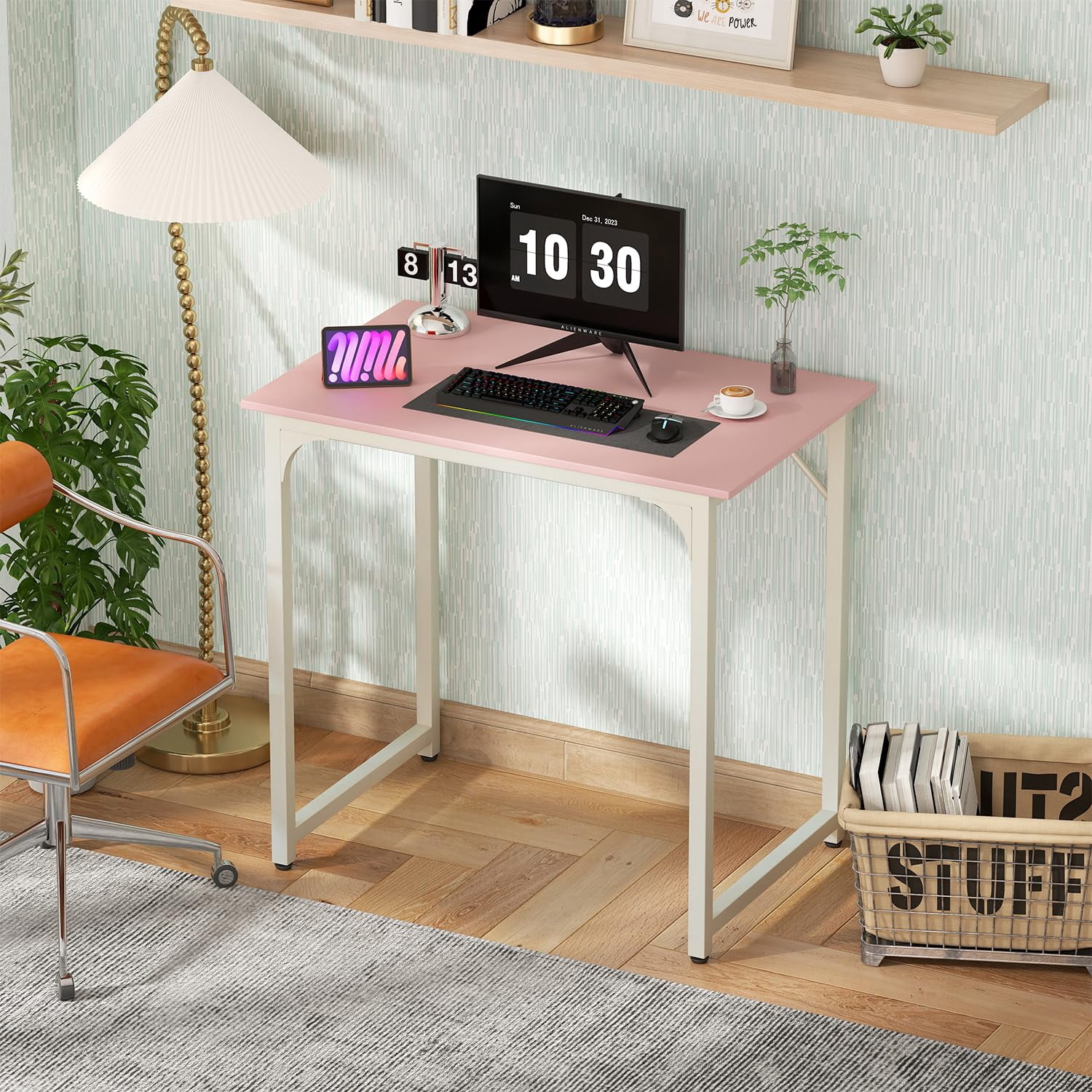 32 inch Computer Desk, Study Writing Table for Small Space, Save Space Office Desk with Metal Legs, Modern Steel Frame Wood PC Workstation for Home Office, Pink