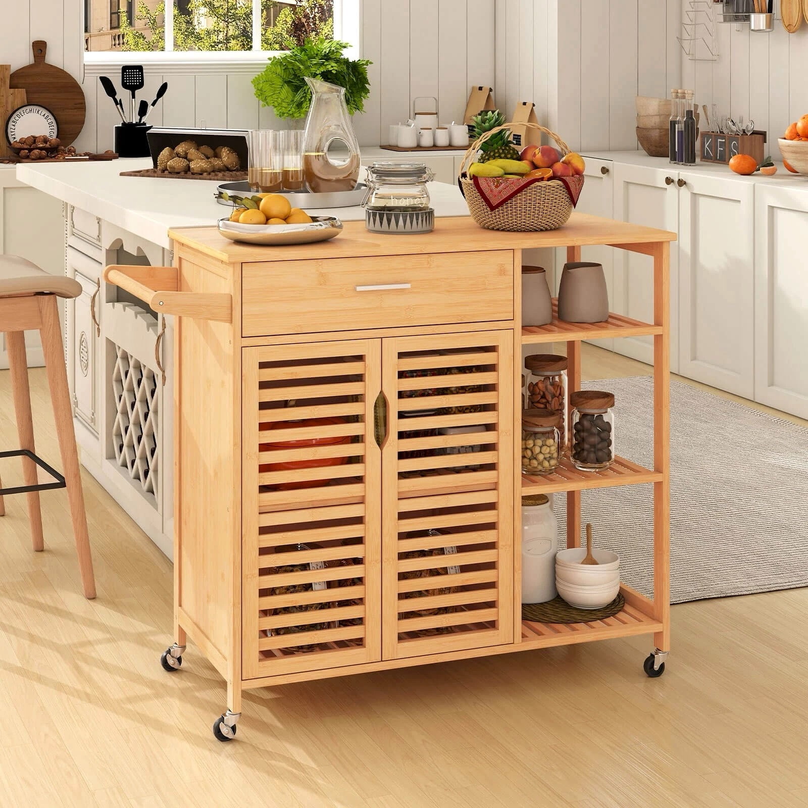 Harmijoy 35.5" Kitchen Island Cart, Bamboo Rolling Storage Sideboard w/ Lockable Wheels, Open Shelves, Towel Bar & 2-Door Cabinet
