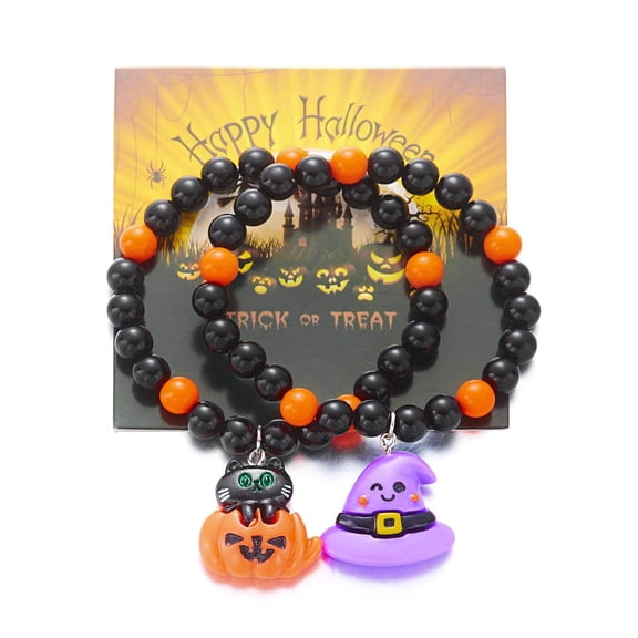 2 Pack Halloween Bracelets with Pumpkin Cat and Witch Hat Charms, Black Orange Beaded Stretch Wristbands, Spooky Costume Party Favors and Halloween Gifts for Women Teens